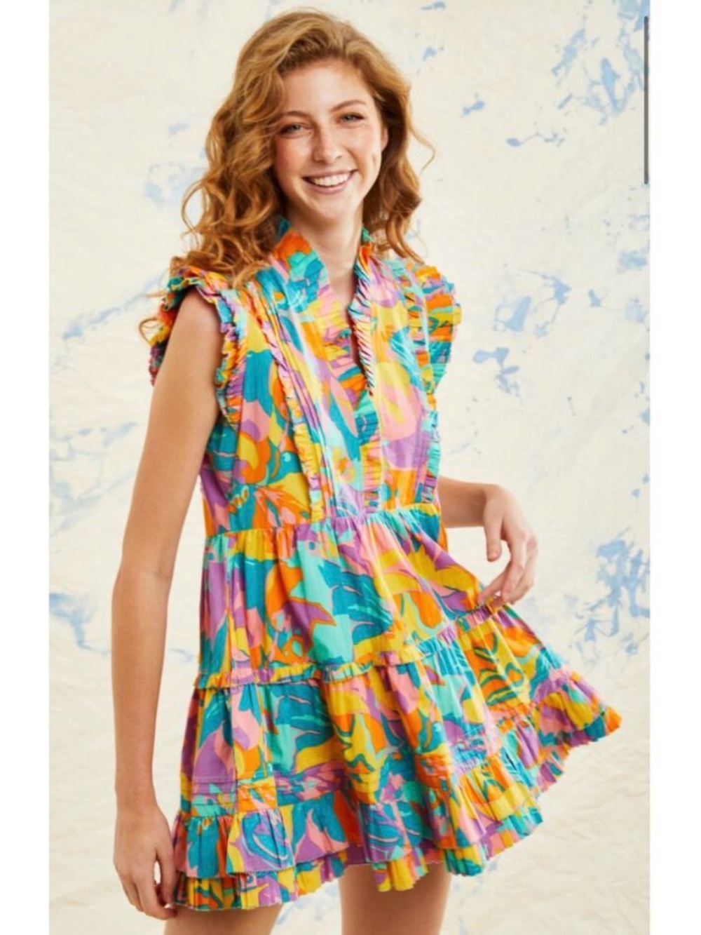 Love the label poplin Ruffle Tiered Mini Dress - Bright Floral Print